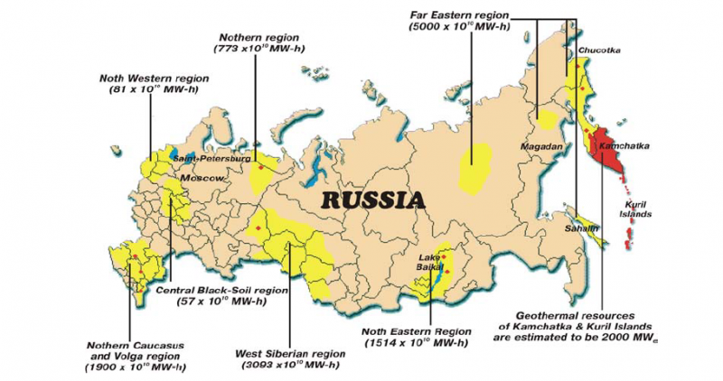 Raffigurazione della distribuzione delle risorse geotermiche nella Federazione Russa.