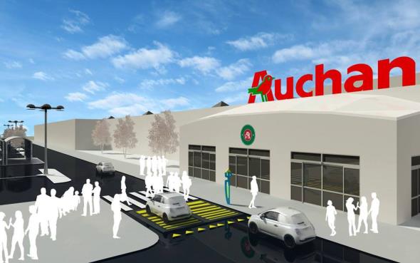 L'immagine rappresenta una ricostruzione dell'edificio Auchan ed i suoi dintorni con l'indicazione dei punti in cui sono installati i dossi Lybra