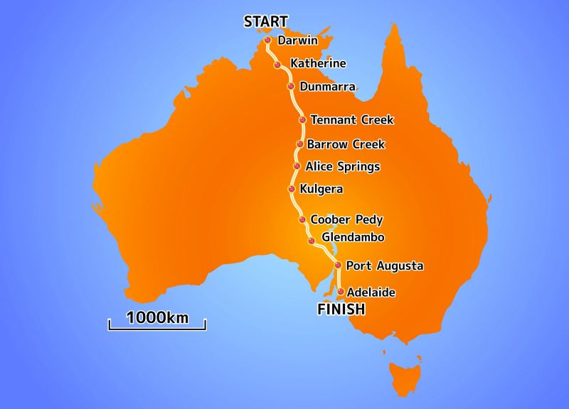 (mappa del percorso del World Solar Challenge, da Darwin ad Adelaide)