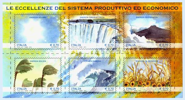 Il mini-foglio della serie dei francobolli dedicati alle fonti di energia rinnovabili. Fonte Ansa)