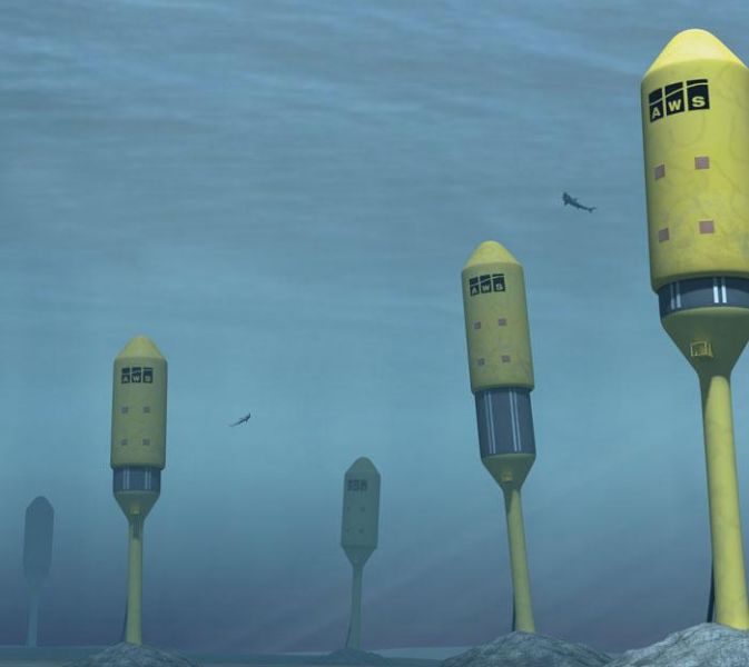 L'immagine riproduce diversi Archimede Wawe Swing in funzione. Il prototipo, ancorato sul fondo marino, crea pressione al suo interno grazie all'oscillazione del cilindro superiore causato dal moto ondoso