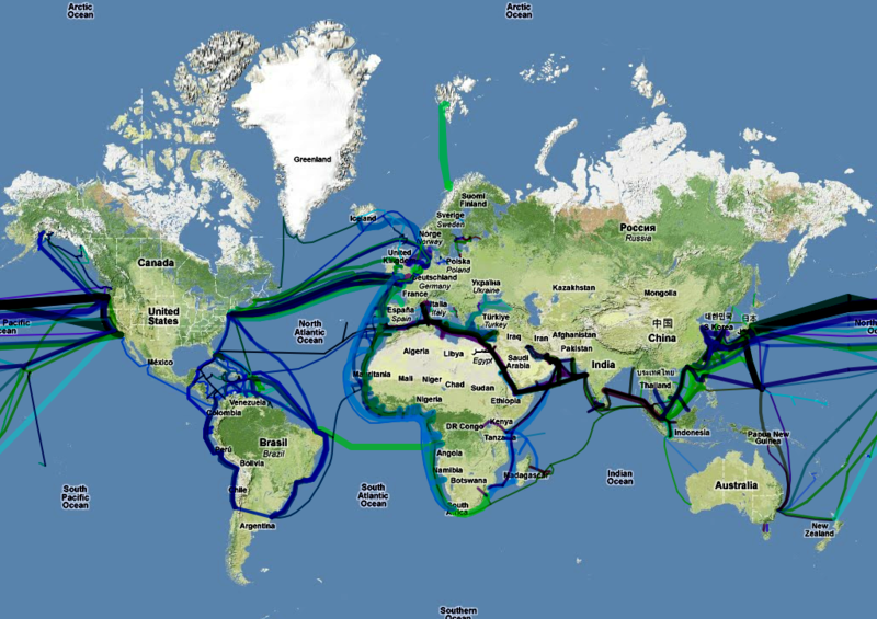 l'IMMAGINE RAPPRESENTA I CAVI ELETTRICI SOTTOMARINI INSTALLATI NEL MONDO