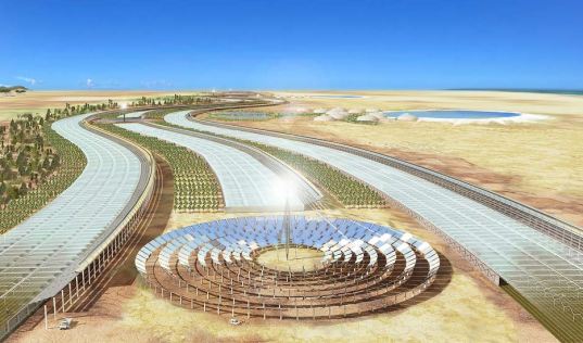Esempio di impianto solare a concentrazione in una zona deserta