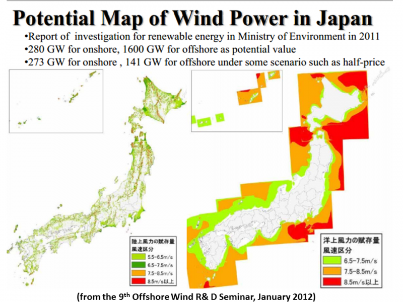 mappa della potenzialit&agrave; del Giappone nel campo dell'energia eolica